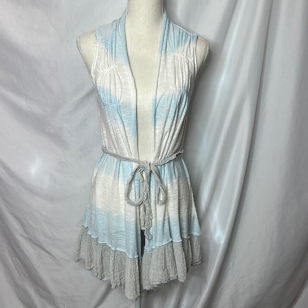 Free People Light Blue and White Distressed Tie Front Duster Coverup